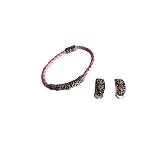 Vintage Silver & Pink Leather Bracelet & Earrings Set‎ With Gemstones